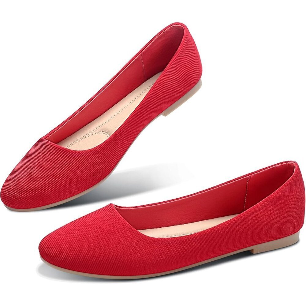 Obtaom Women Red Textile Rounded Toe Slip on Comfortable Ballet Flats Shoes